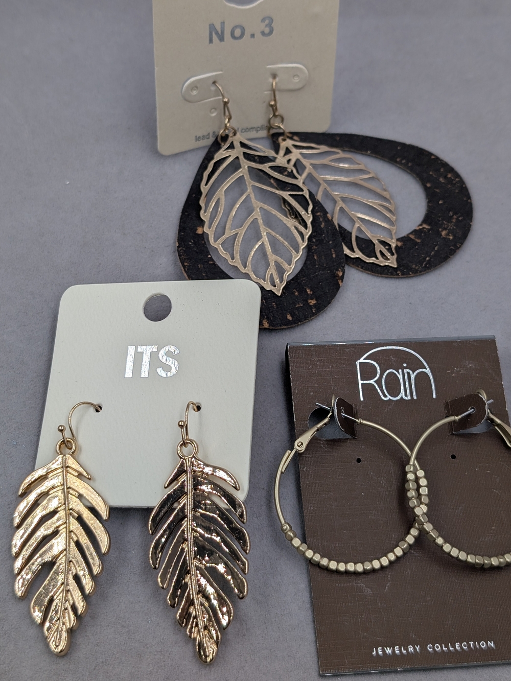 3-Pair Statement Earring Bundle Leaf Cork Hoops Gold Tone NWT 1308